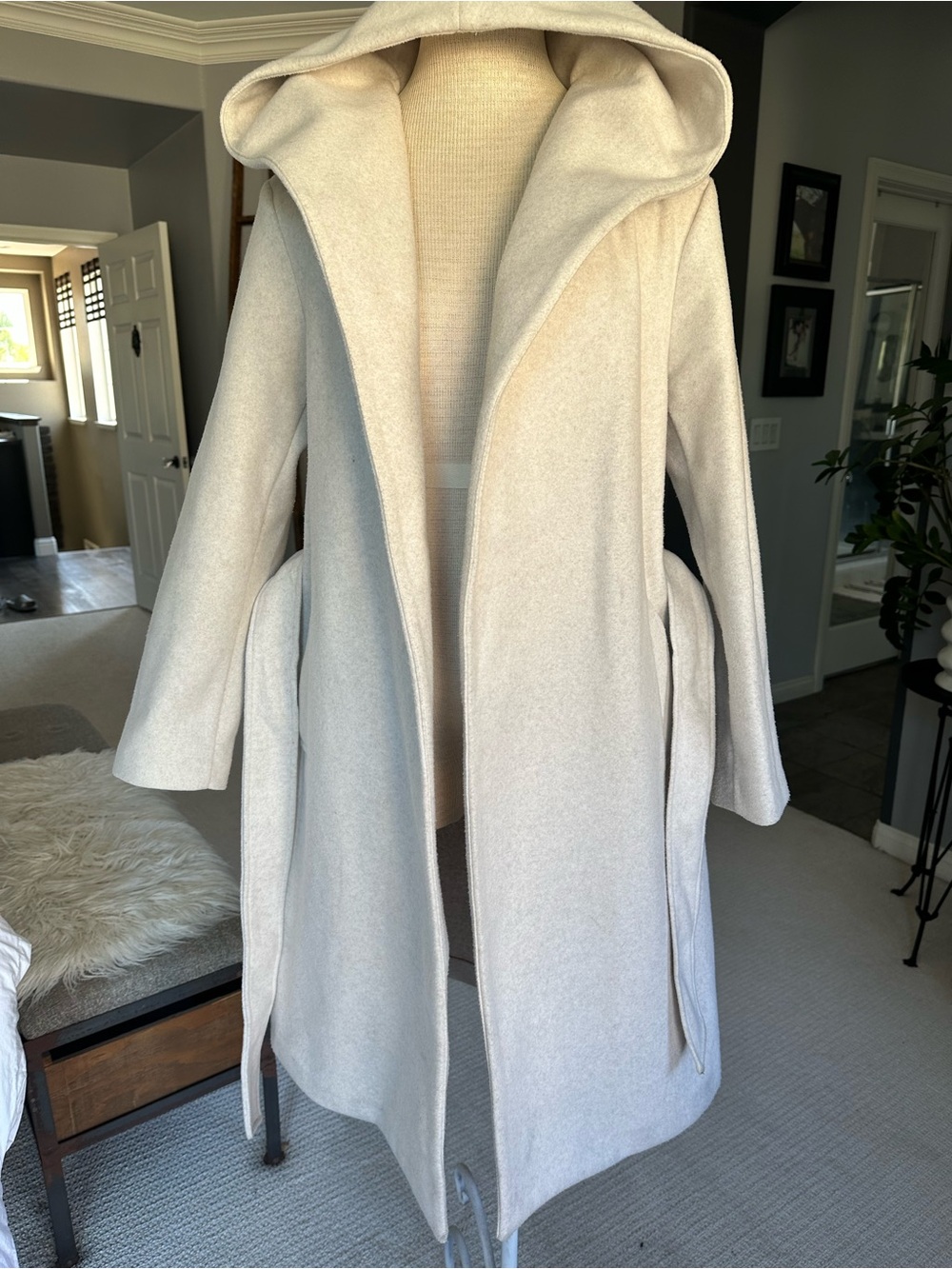 Zara Cream Hooded Wrap Coat with Self-Tie Belt, size medium - Picture 3 of 17